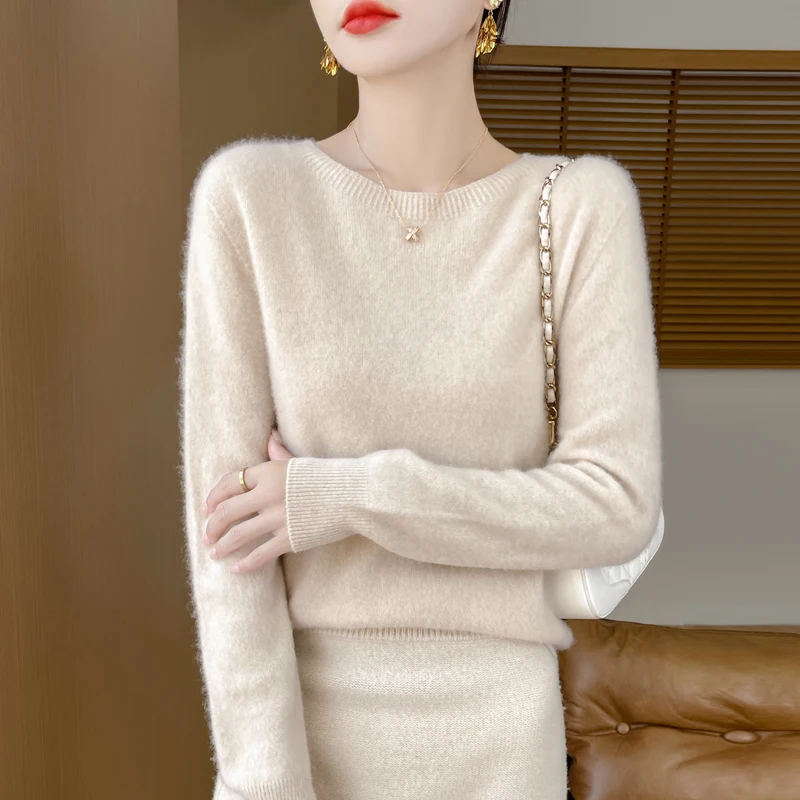 Autumn And Winter 100% Wool Round Neck Sweater Women's First-Line Ready-To-Wear With Loose Knit Tops And Bottoming Shirts