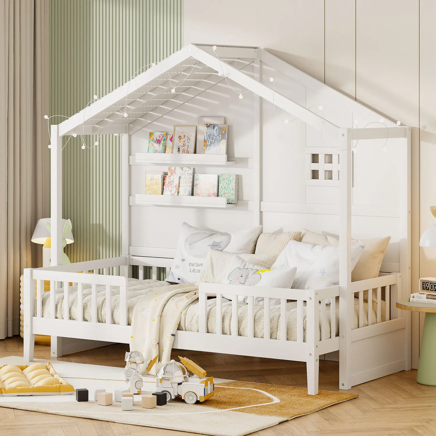 

Twin Size House Bed with Shelves, House Bed with Window and Sparkling Light Strip on the Roof, White