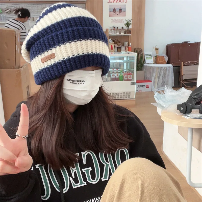 Winter thick thread needle striped knitted hat head girdle face small casual day system all match woolen pile cap