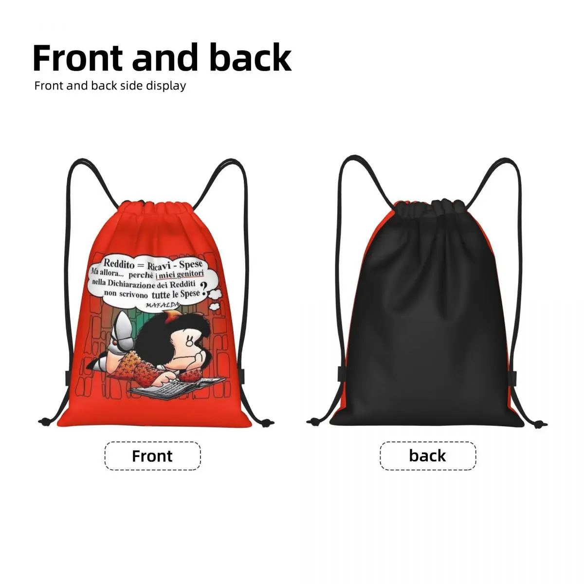 Quino Comic Cartoon Mafalda bolso con cordón para hombres y mujeres, mochila de almacenamiento deportiva ligera, gimnasio, personalizado