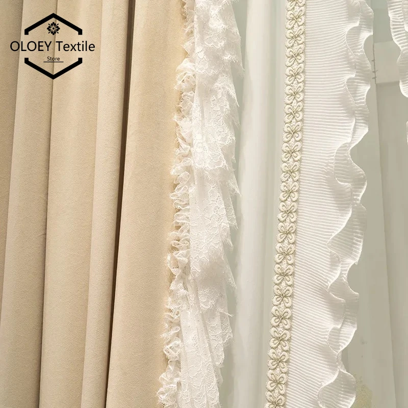 Luxury French Milk Tea Velvet Lace Embroidery Curtains for Living Room Bedroom Villa Dining Room High End Blackout Drapes Tulle