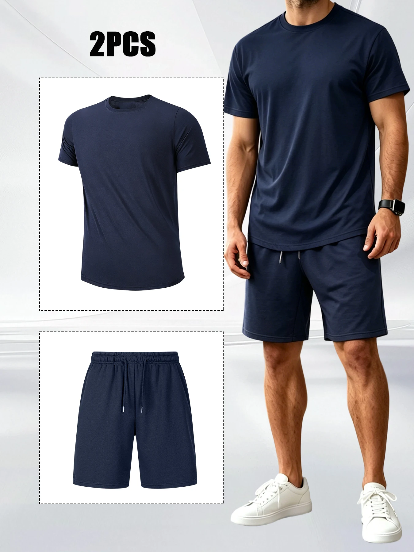 Men's 2 Pcs Tracksuit Set Short Sleeve T-Shirt Knee Length Shorts Athletic Sportswear Gym Workout Jogging Running Outfit view 3