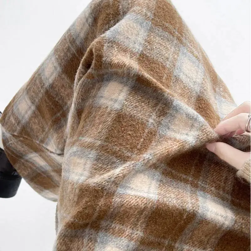 

Осенние винтажные шерстяные клетчатые юбки, женские элегантные утягивающие трапециевидные юбки с высокой талией, женская корейская уличная длинная юбка с разрезом