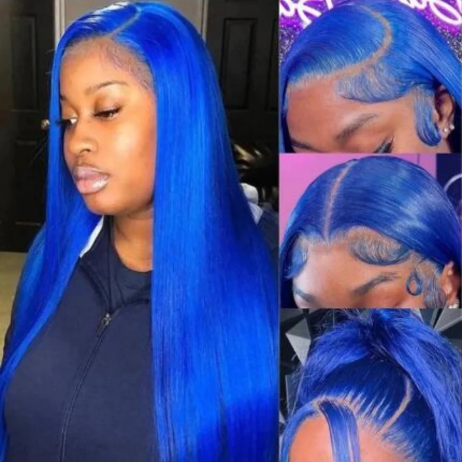네이비 블루 색상 13x4 13x6 투명 레이스 프론탈 가발 100% 인모 여성용 브라질 스트레이트 블루 컬러 레이스 프론트 가발