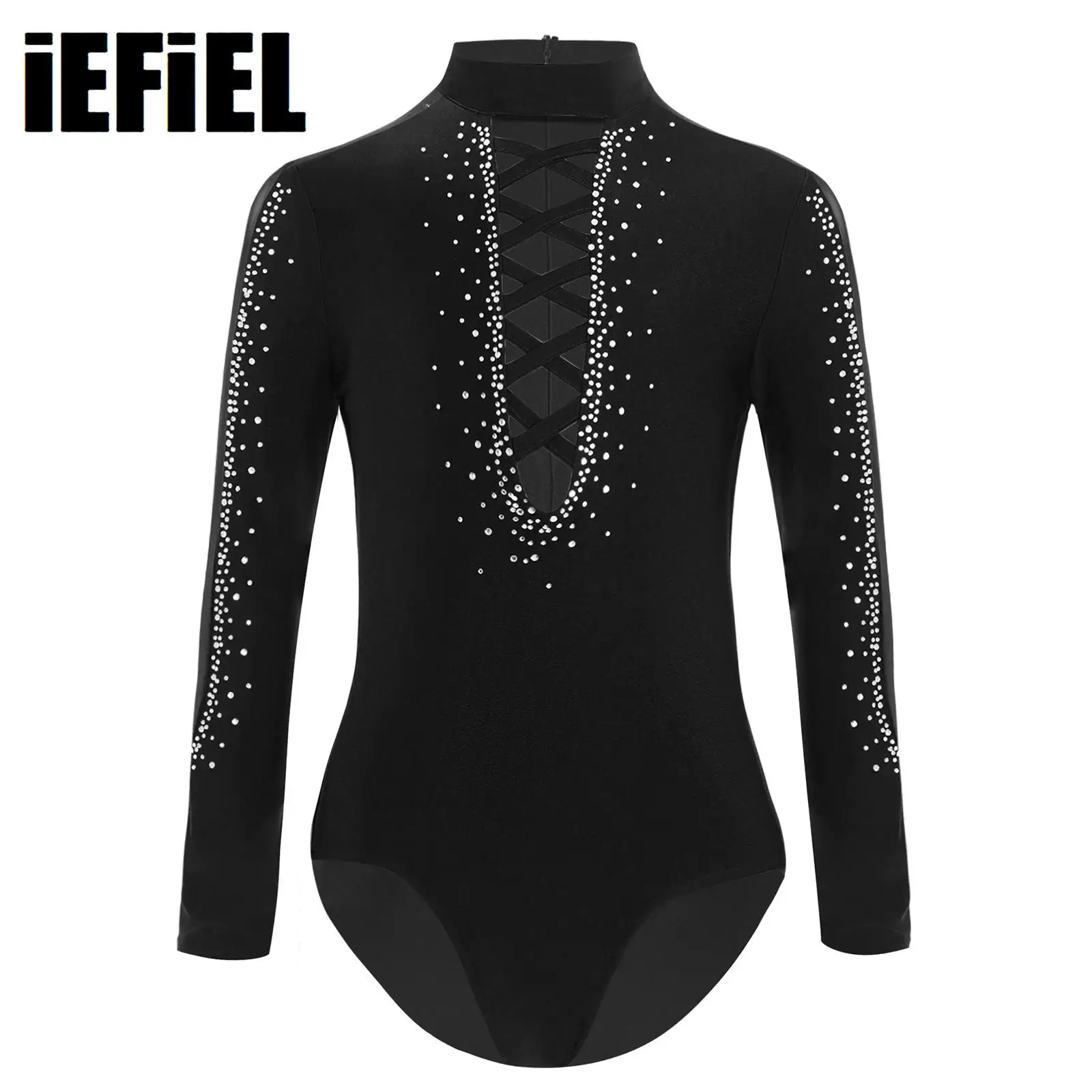 

Kids Boys Dance Leotard Glittery Rhinestones Mesh Patchwork Long Sleeve Hollow Out Crisscross Strappy Front Bodysuit