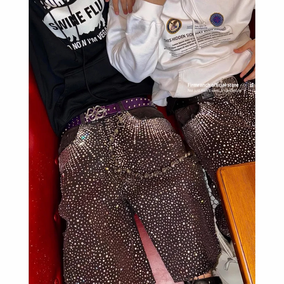 

Firmranch New Full Diamond Rhinestone Jorts Men Women Black Shining Crop Pants High Street Gradient Color Sparkle Denim Shorts