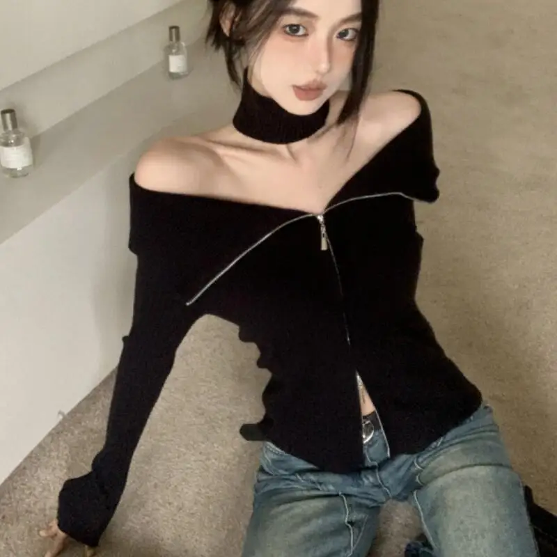 Elegant Temperament Women's Double Zipper Knitted Sweater New Slim Fit Split Neck Tops Skin Friendly Soft Versatile Comfortable