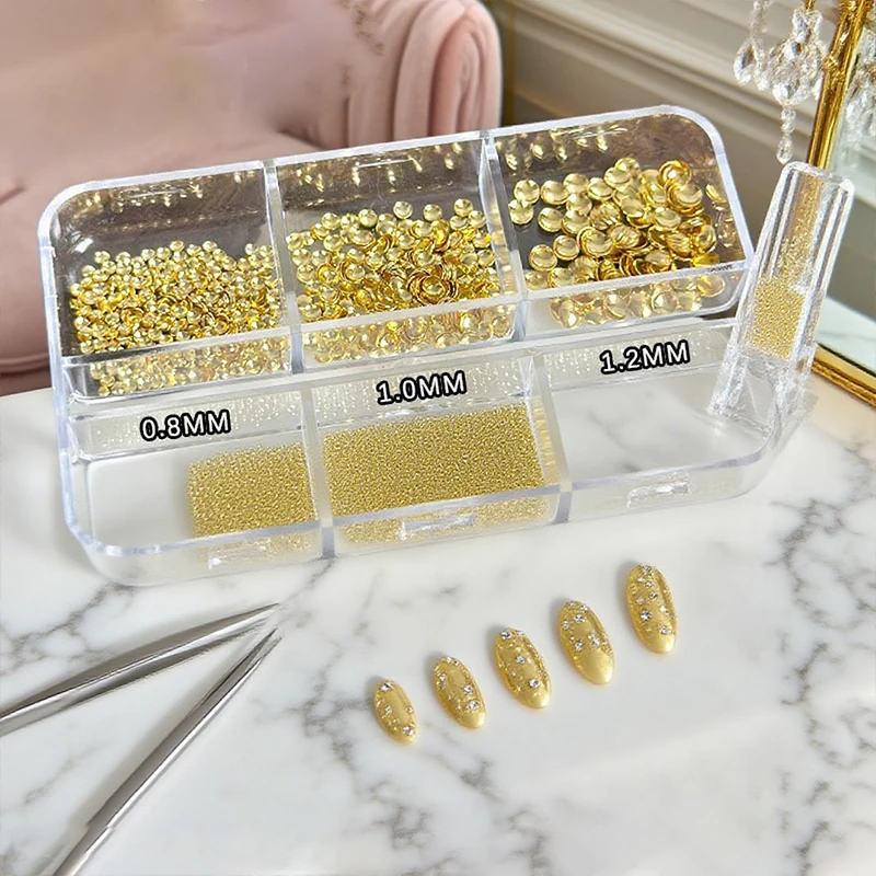 6 Grid/box Gold Silver Half Round Rivets Nail Charms 0.8-3mm Flat Back Round Metal Nail Bead Micro Ball Manicure Bead