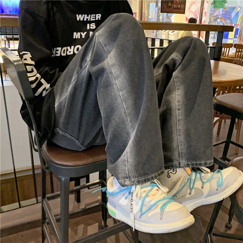 

Washed Jean Wide Leg Ankle Length Jeans Men Denim Trousers Mid Waist Distressed Pockets Straight Pants Zipper Fly Vintage