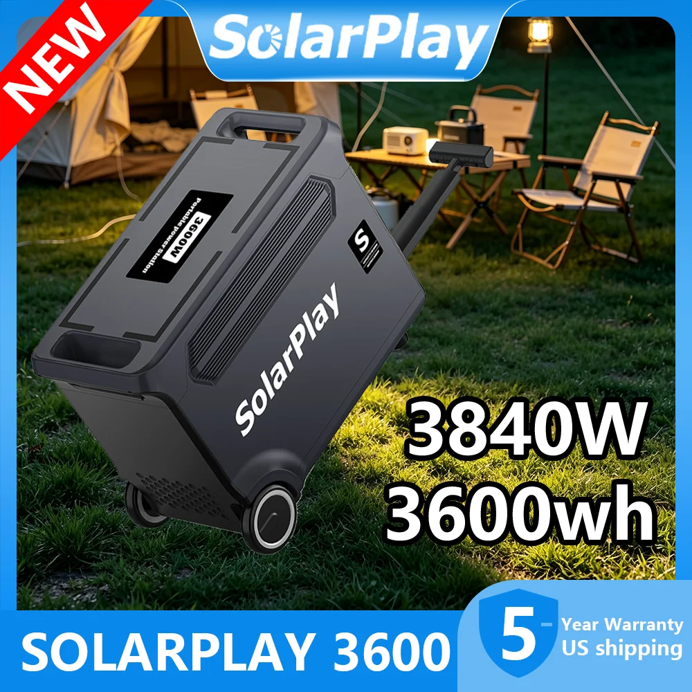 SolarPlay Q3600 3600W Portable Power Station 3840Wh LiFePO4 Solar Generator, 2000W Solar Input, 1.5H Fast Charge, UPS, 15 Ports with TT-30, 30dB Quiet, Foldable Cart for Home Backup Camping RV Off-Grid