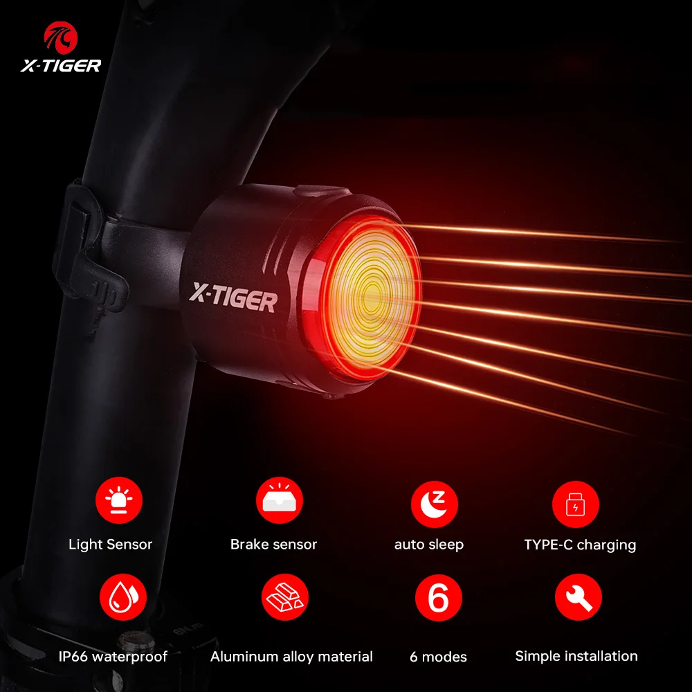 AliExpress X-TIGER Rear Light Bicycle High Brightness Smart Brake Sensing Light IPX6 Waterproof Bicycle Taillight TYPE-C Charging Bike Lamp