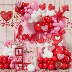 Valentine's Day Balloon Arched Garland Set with Pink White Red Confetti Heart-Shaped Balloon Love Heart Aluminum Foil Balloon Explosion Star Balloon Rose Petals Anniversary Wedding Romantic Decoration