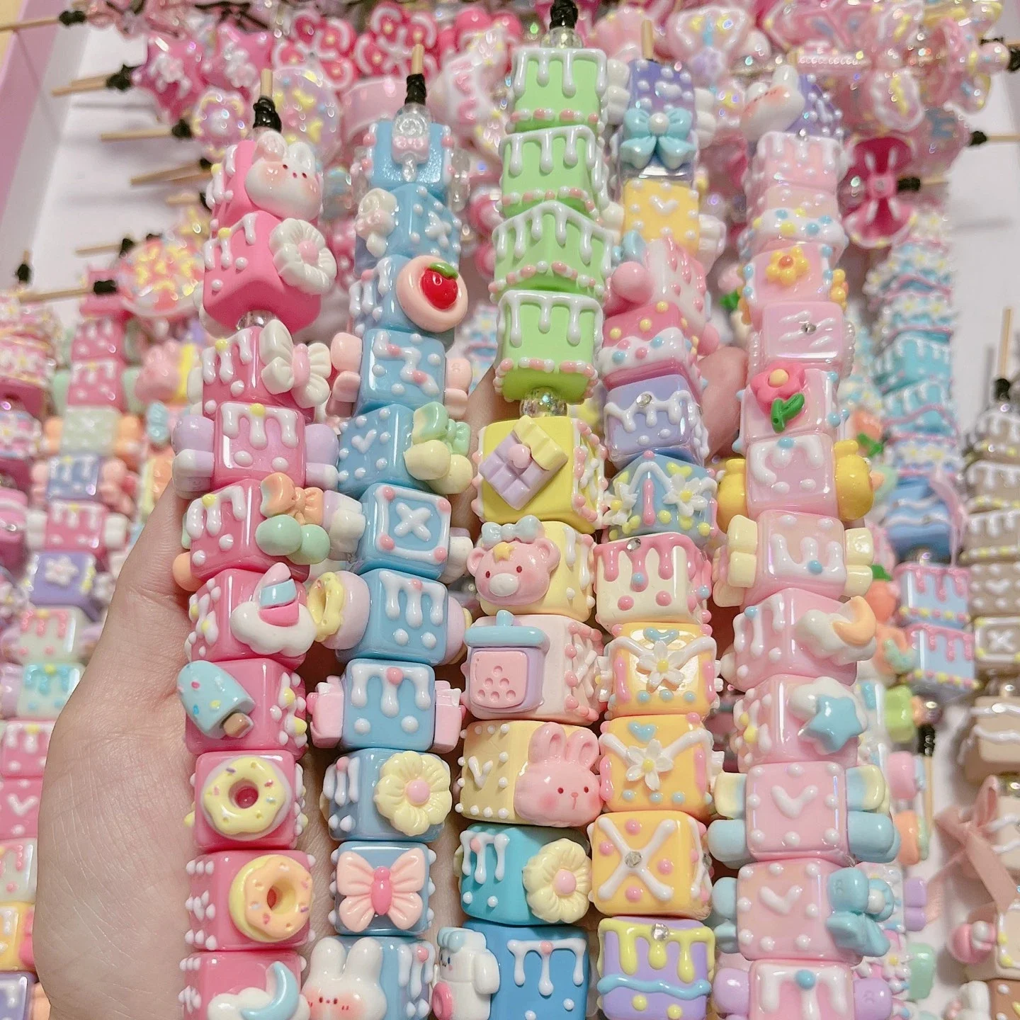New Arrival Colorful Square Flower Cream Cartoon Mix Pattern Handmade Beads DIY Charms for Bracelet Girly Post Jewelry Material