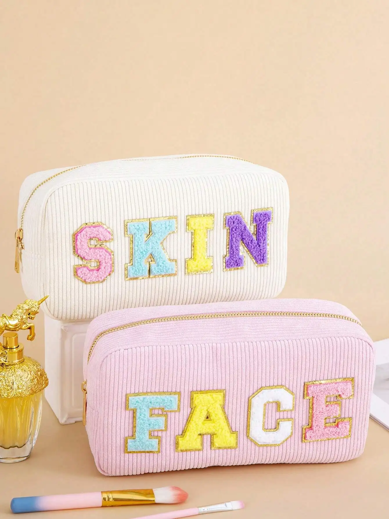 1 قطعة/4 قطعة النساء الفتيات Preppy السفر سروال قصير الشنيل رسالة بقع العناية بالبشرة الوجه الشعر الاشياء ماكياج الحقيبة حقائب مستحضرات التجميل السفر Z