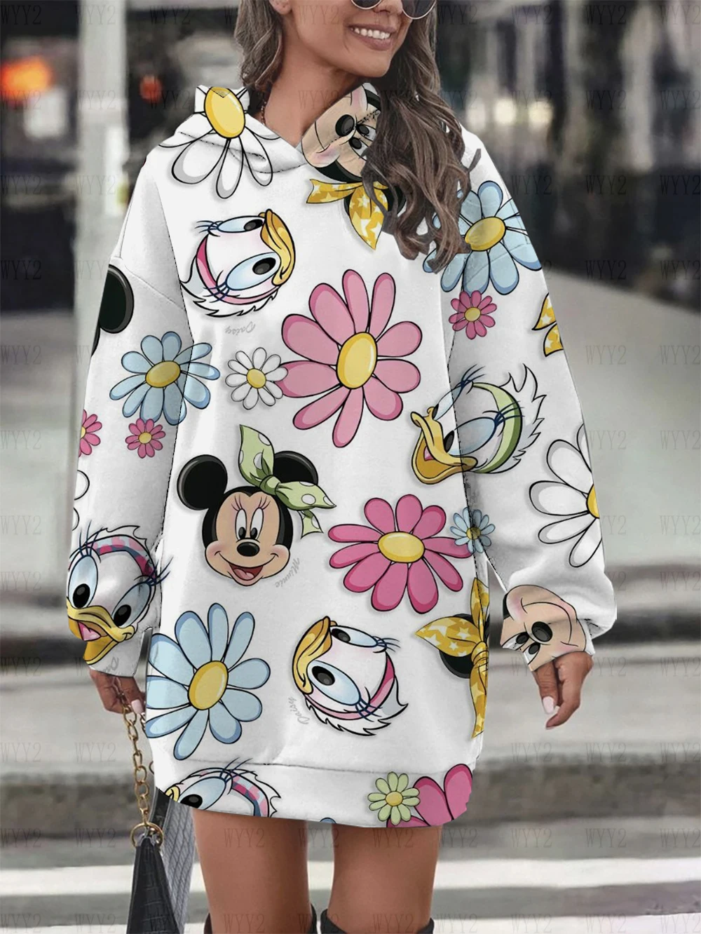 Ladies Sweater Dress Casual Print Disney Mickey Minnie Round Neck Hooded Sweater Dress Simple Fashion Ladies Clothing