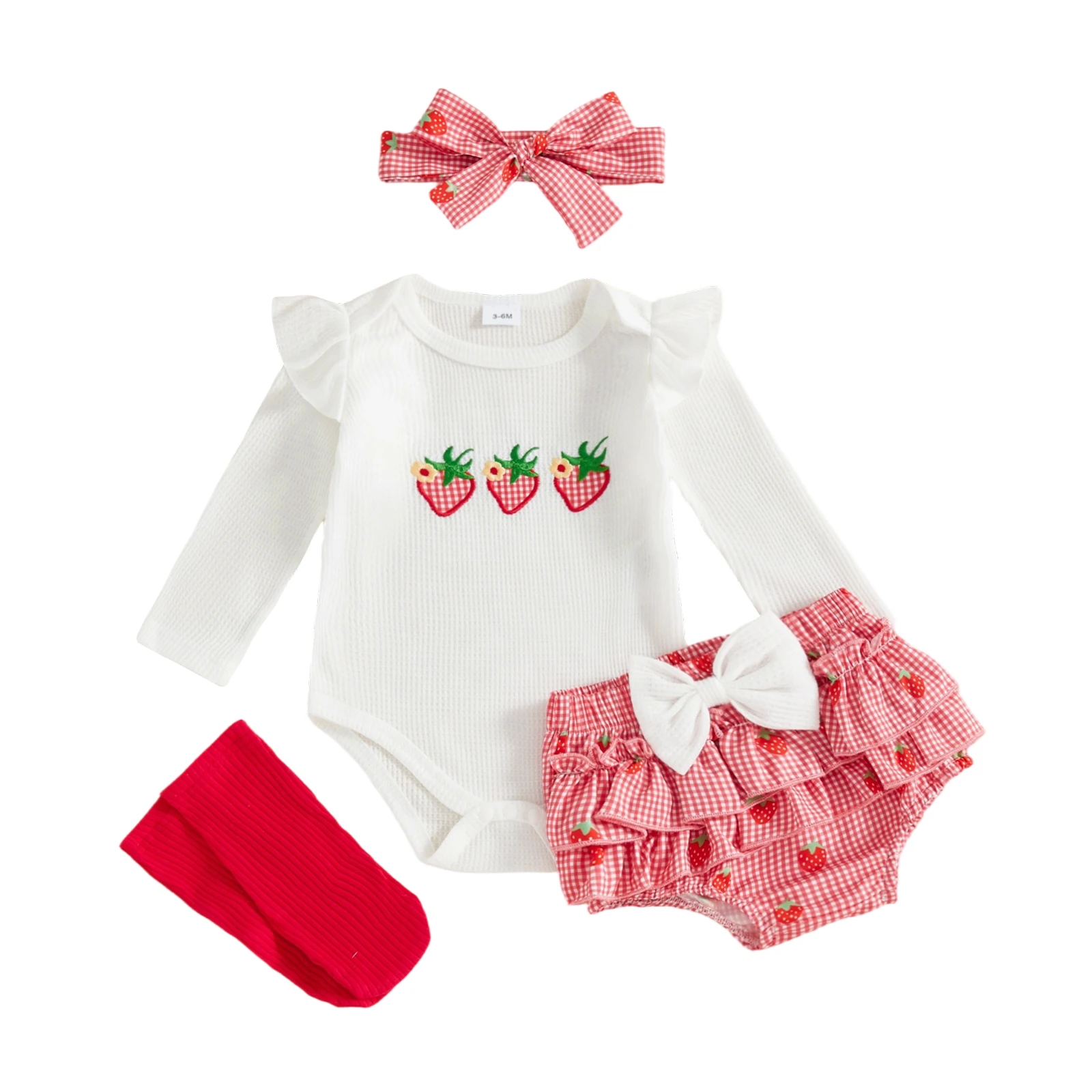 

Осенняя одежда для маленьких девочек, комбинезон с длинными рукавами и круглым вырезом с вышивкой клубники, клетчатые шорты, повязка на голову с бантом, длинные носки, комплект из 5 предметов