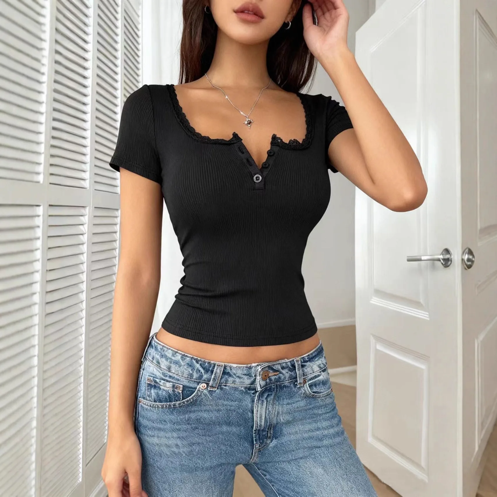 Women's Short Sleeve V-neck Knitted Slim Fit Fashion Top Button Lace 2026 Spring Season Chinese Style Mid-length Tunic