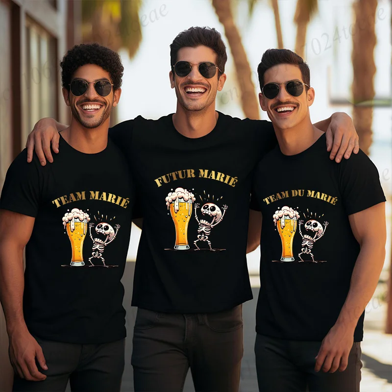 French Groom Squad Evg Team Best Man T Shirt Skeleton Beer Graphic Y2k Tops Boyfriend Single Farewell Bachelor Party Wedding Tee