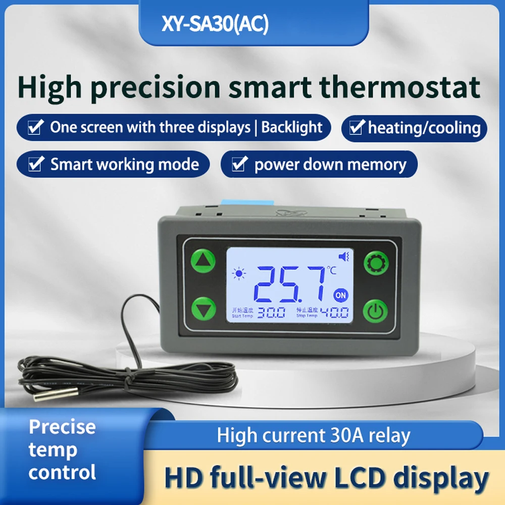 

Digital Backlight LCD Display Intelligent Thermostat High Precise Temperature Controller Built-in 30A Relay with Heating Cooling