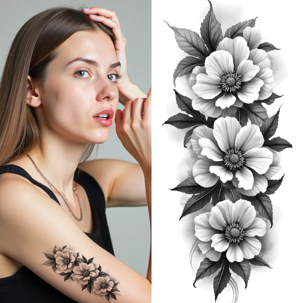 

12pcs Temporary Tattoo Hibiscus Blossoms Waterproof Long-lasting Body Stickers Blooming Peonies Sunflowers For Thighs Male