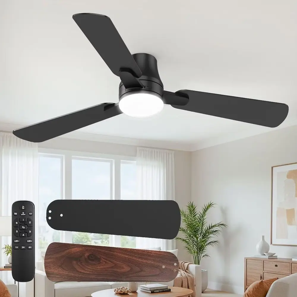 

Ceiling Fans with Lights and Remote: 42 Inch Modern Black Ceiling Fan, Low Profile Flush Mount, Quiet Reversible DC Motor & 3CCT