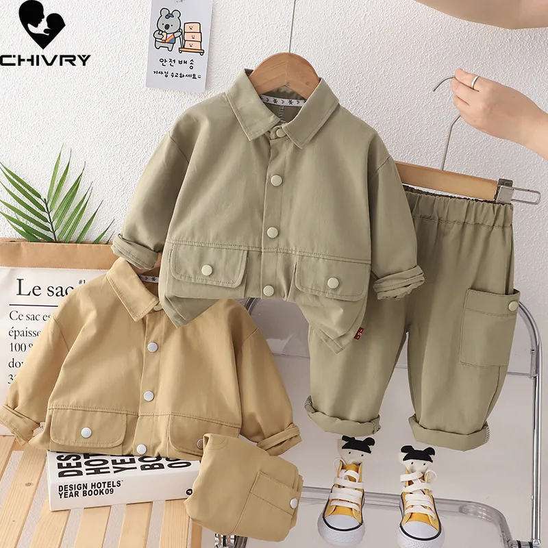 New 2023 Kids Baby Spring Autumn Fashion Solid Lapel Long Sleeve Pocket Jacket Tops with Pants Boys Casual Clothing Sets