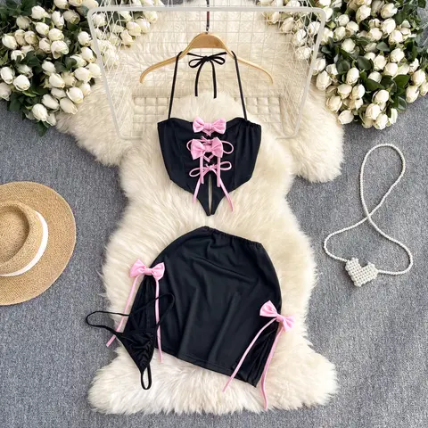 Sexy Costume Women Y2k Hotsweet Girl Suit Pink Bow Halter Crop Top Side Split A-Line Skirt Black Set Nighwear Towys Clothes New