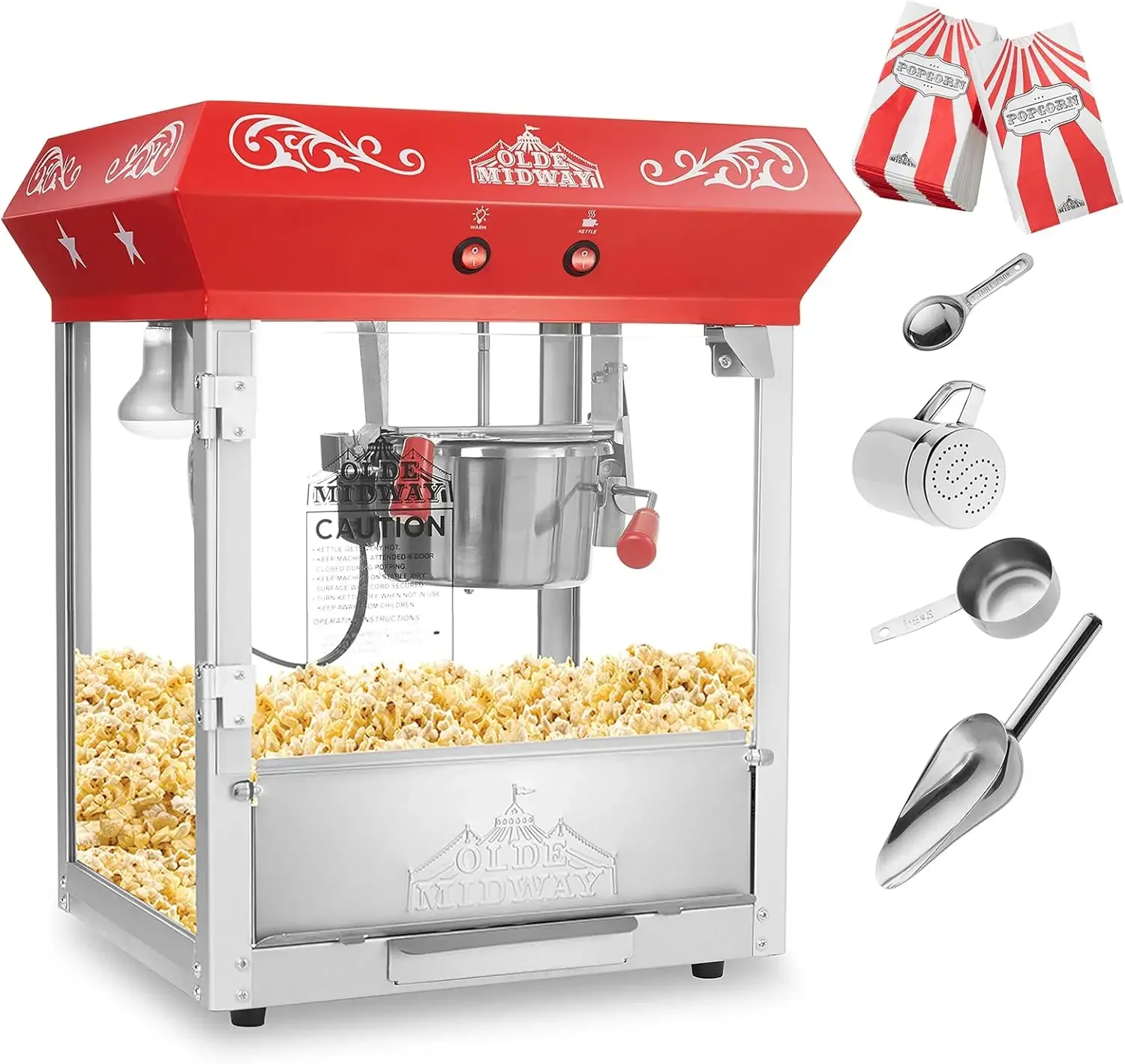 Midway Bar Style Popcorn Machine Maker Popper with 6-Ounce Kettle - Red