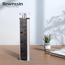 UK Pop Up Plug Sockets Extension Plug Retractable With 2USB 3 Outlets Hidden Socket Tabletop Power Strip for Home Office Kitchen