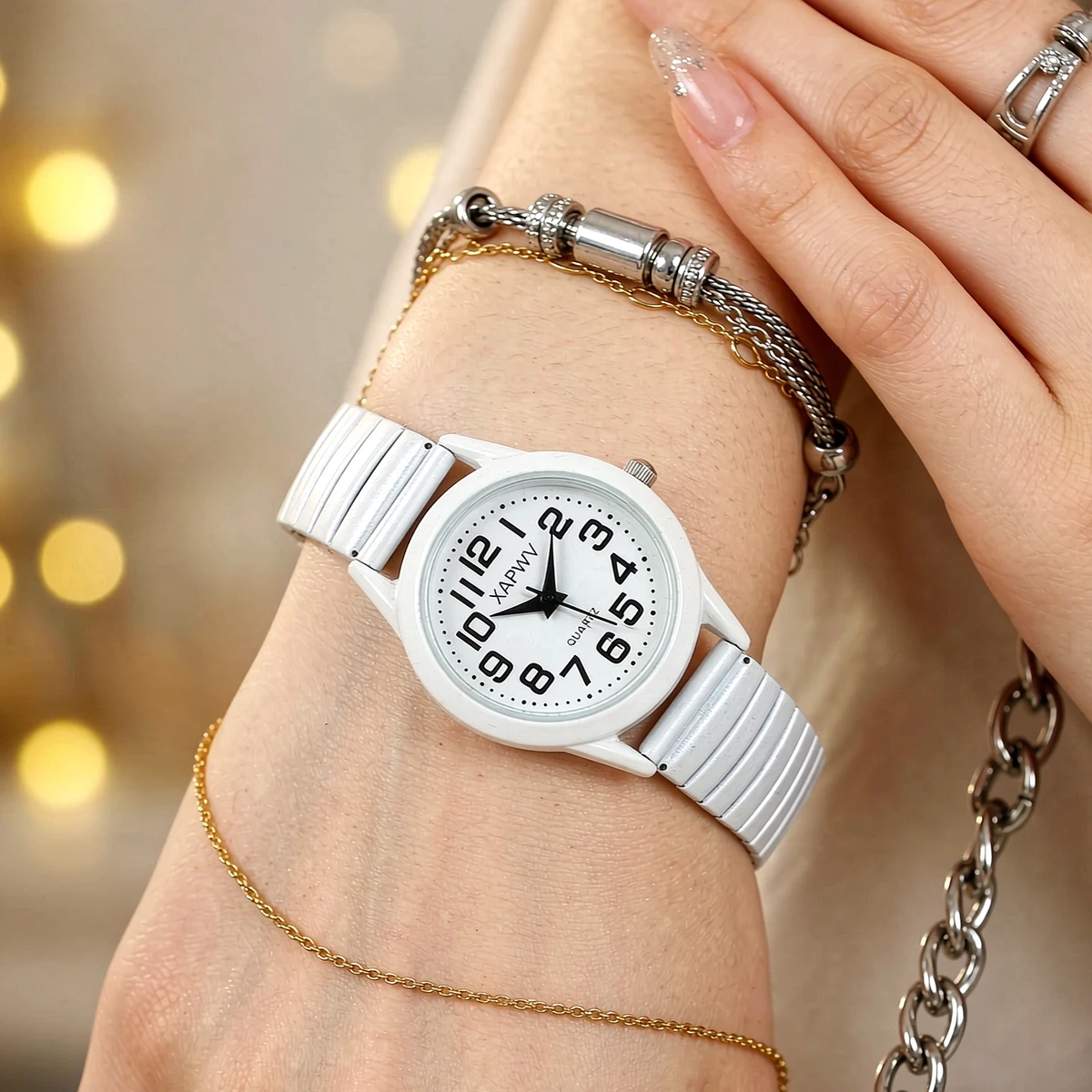 Simple Business Casual Couple's Watch with Elastic Strap and Arabic Numeral Dial, Quartz Watch for Men and Women
