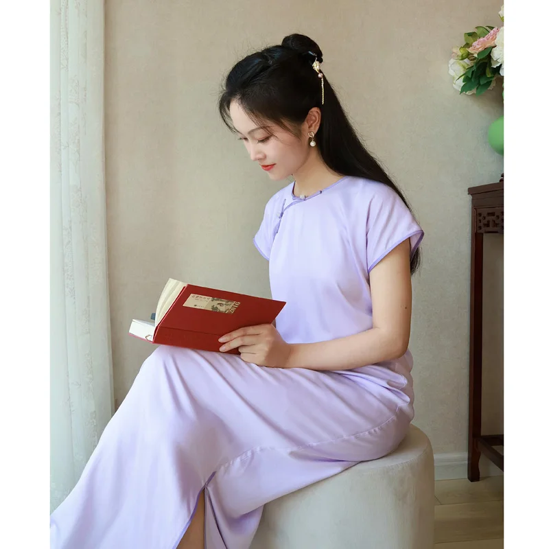 

Zola Yousan Purple Long Qipao Ele Simple Breathable Lightweight Spring Summer ort Sve Daily Wear Low Slit