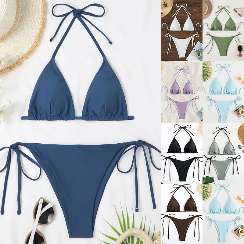 Sexy Women Thong Solid Color Bikini Set Side Halter Tie Swimsuit Ladies Split Strap Adjustable Brazilian Swimwear Beachwear