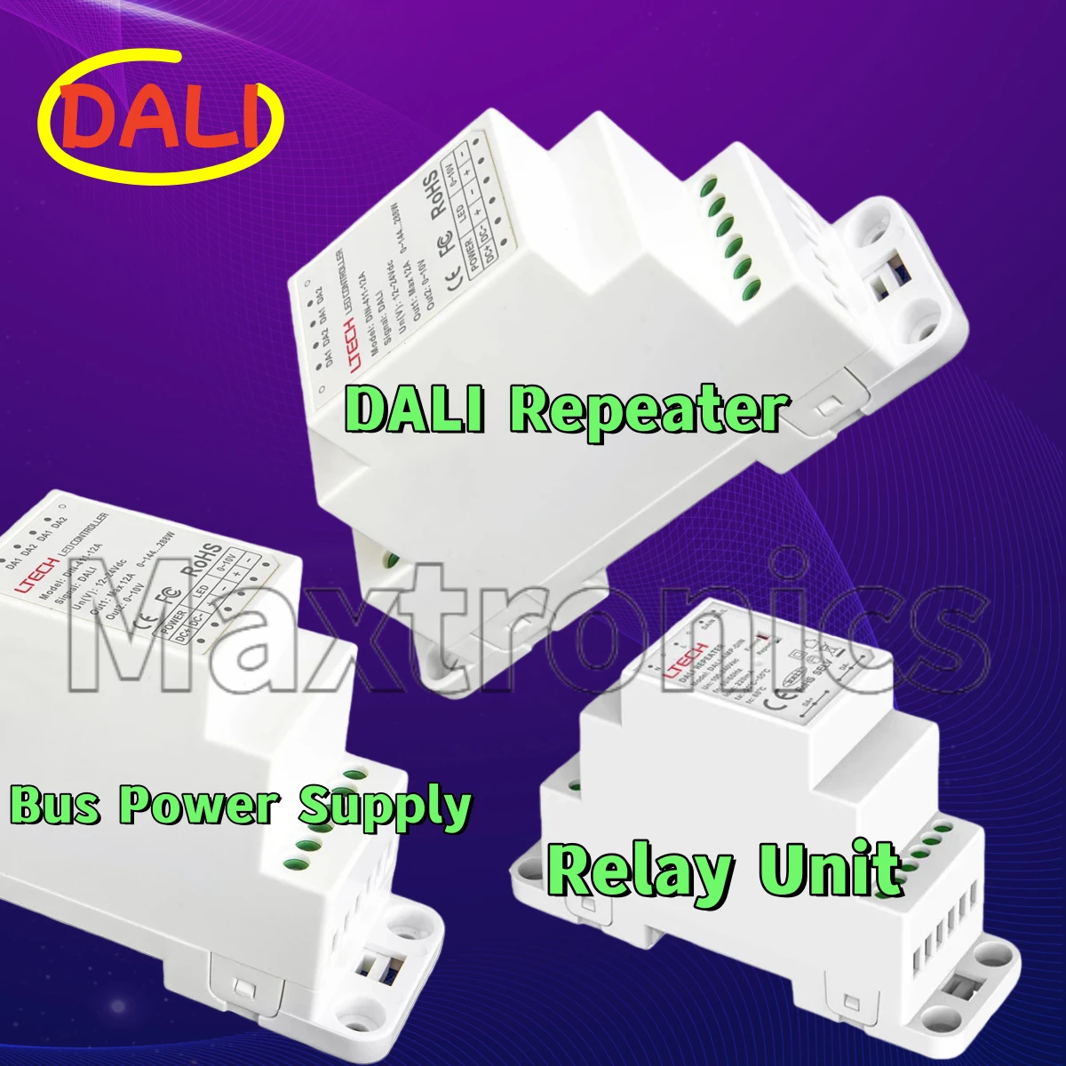 

Контроллер-диммер DALI 2026DALI, блок питания DALI-PS-DIN LTECH, релейный модуль DR, репитер DALI DALI-AMP-DIN, входное напряжение 100-240В AC