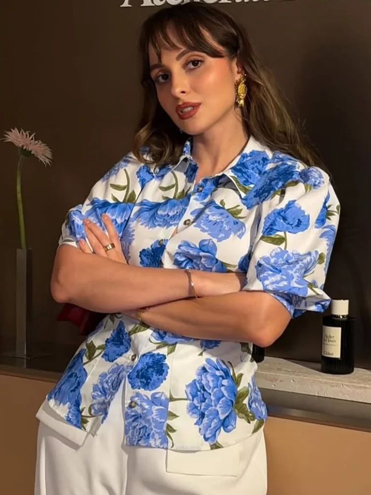 

HH Women's Summer Fashion Lapel Single Breasted Blue Flower Printed Poplin Shirt Female High Street Casual Short Sleeve Shirt