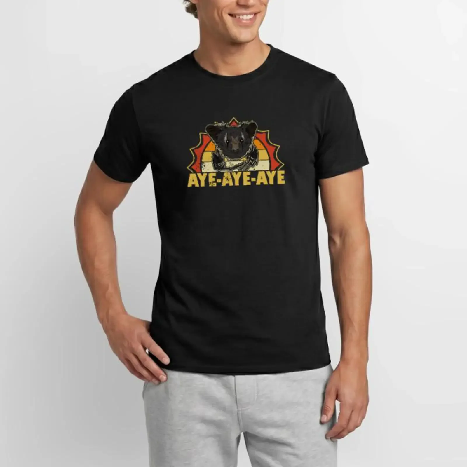 Aye Primate Lemur Madagascar Retro Men's T Shirt vintage Washed Stretched Comfortable Breathable Casual graphic streetwear