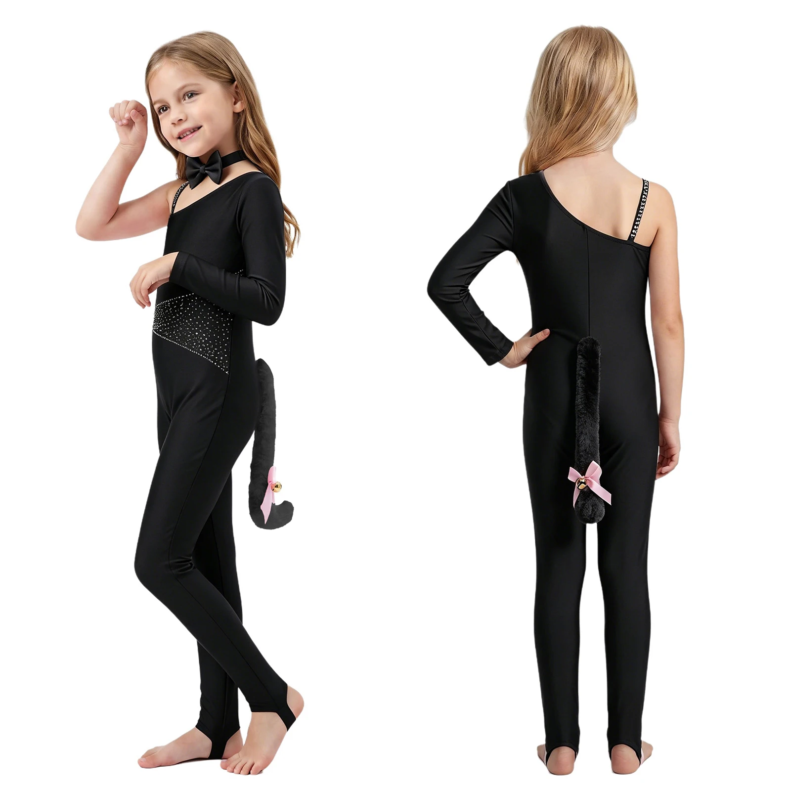 

Kids Girls Shiny Rhinestones Cat Jumpsuit Costume with with Furry Tail Bowtie Neckwear Ballet Dance Skating Gymnastics Leotard
