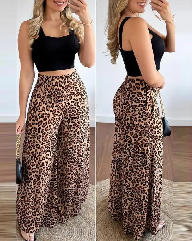 Two Piece Sets Women Outifits 2023 Summer Fashion Square Neck Sleeveless Crop Tank Top & Leopard Print Pocket Wide Leg Pants Set