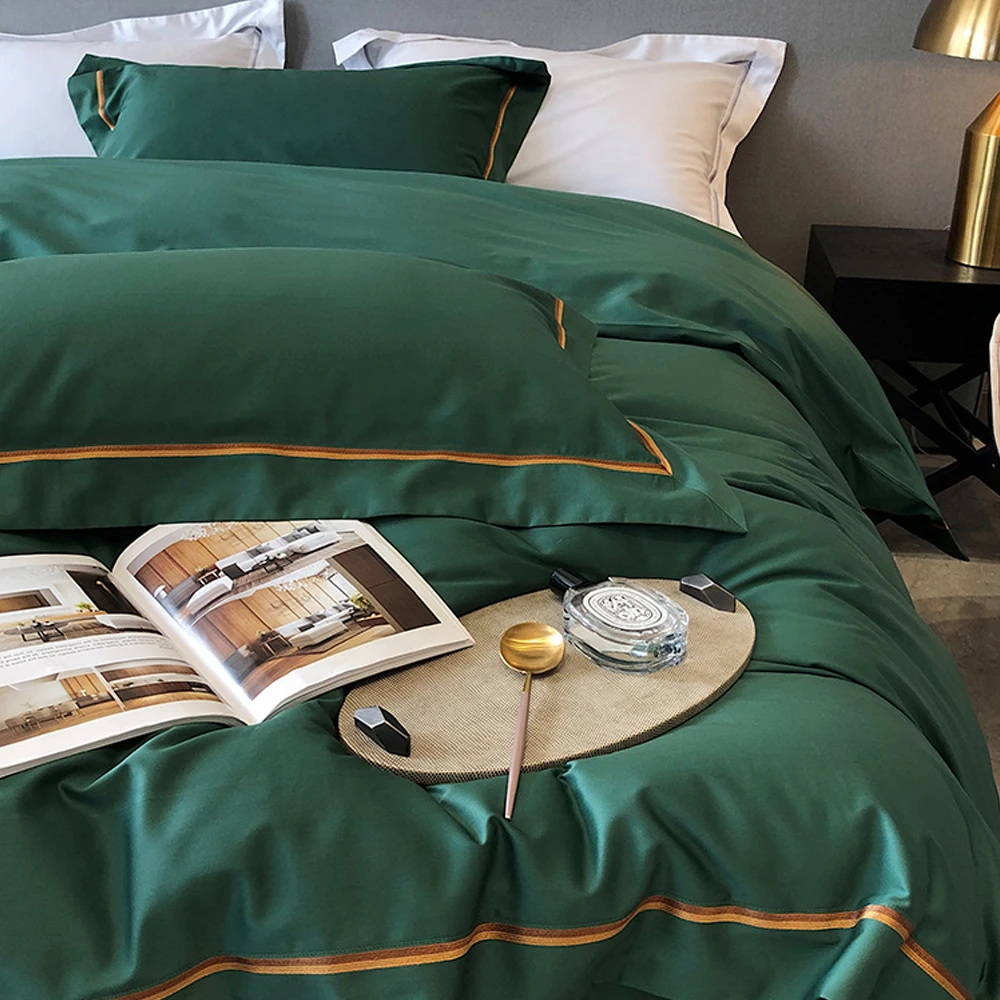 2024 New 60 Long Velvet Embroidery Striped Color Matching Four-piece Set Of Pure Cotton Luxury Bedding Can Be Customized Green