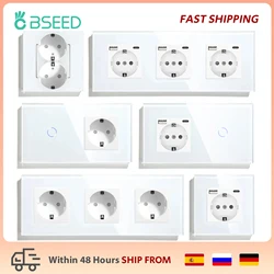 BSEED Touch Light Switch With EU Power Wall Sockets White Wall Led Switches 1/2/3Gang 1Way Crystal Glass Panel Dark Backlight