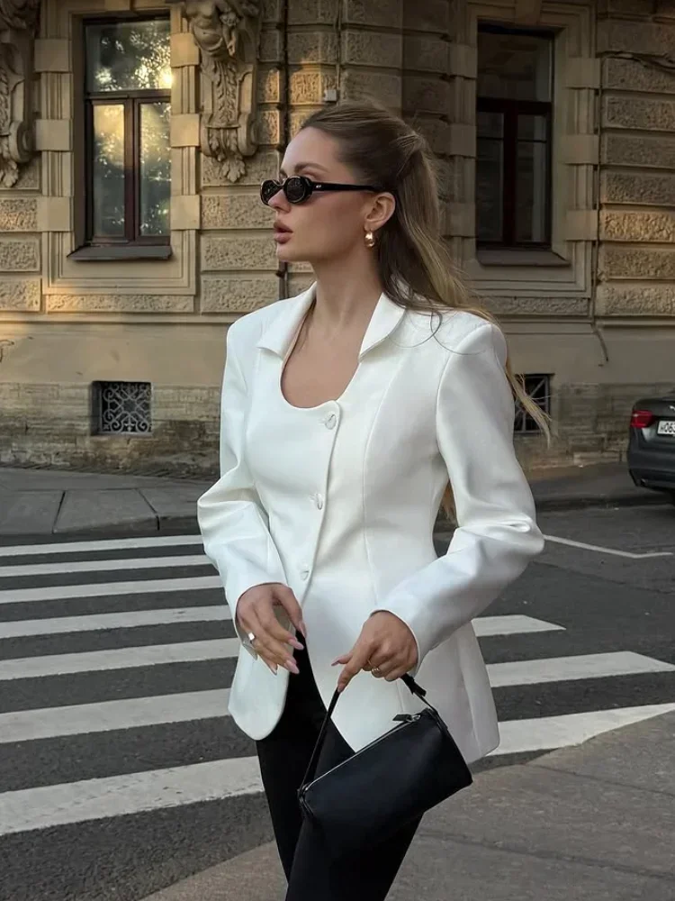 Women White Blazer Waist Cinching Coat U Neck Full Sleeve Single Breasted Jacket Chic Casual Lady Commuter Street Outwear