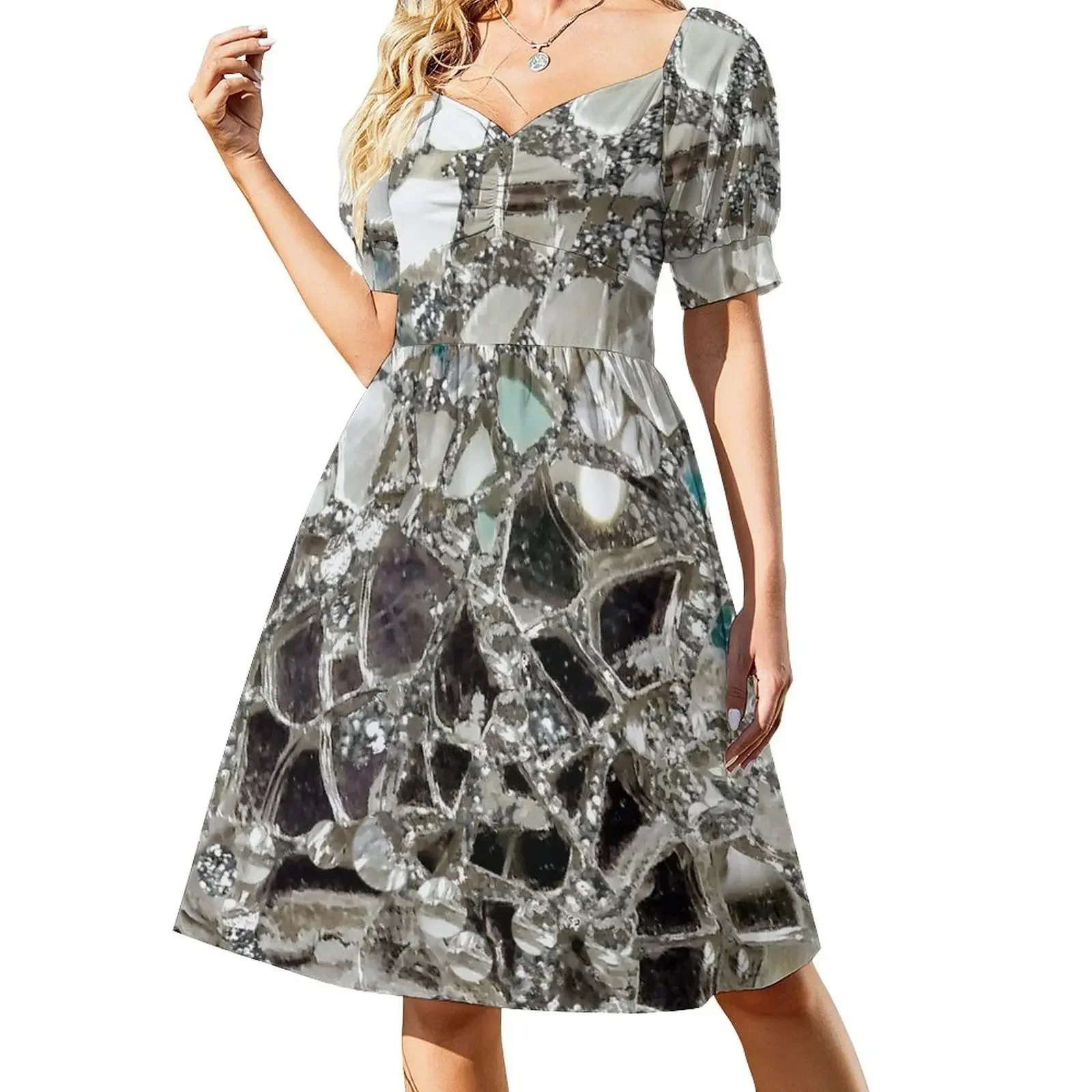 

An Image of An Explosion of Sparkly Silver Glitter, Glass and Mirror Short-Sleeved Dress evening dress evening dress woman
