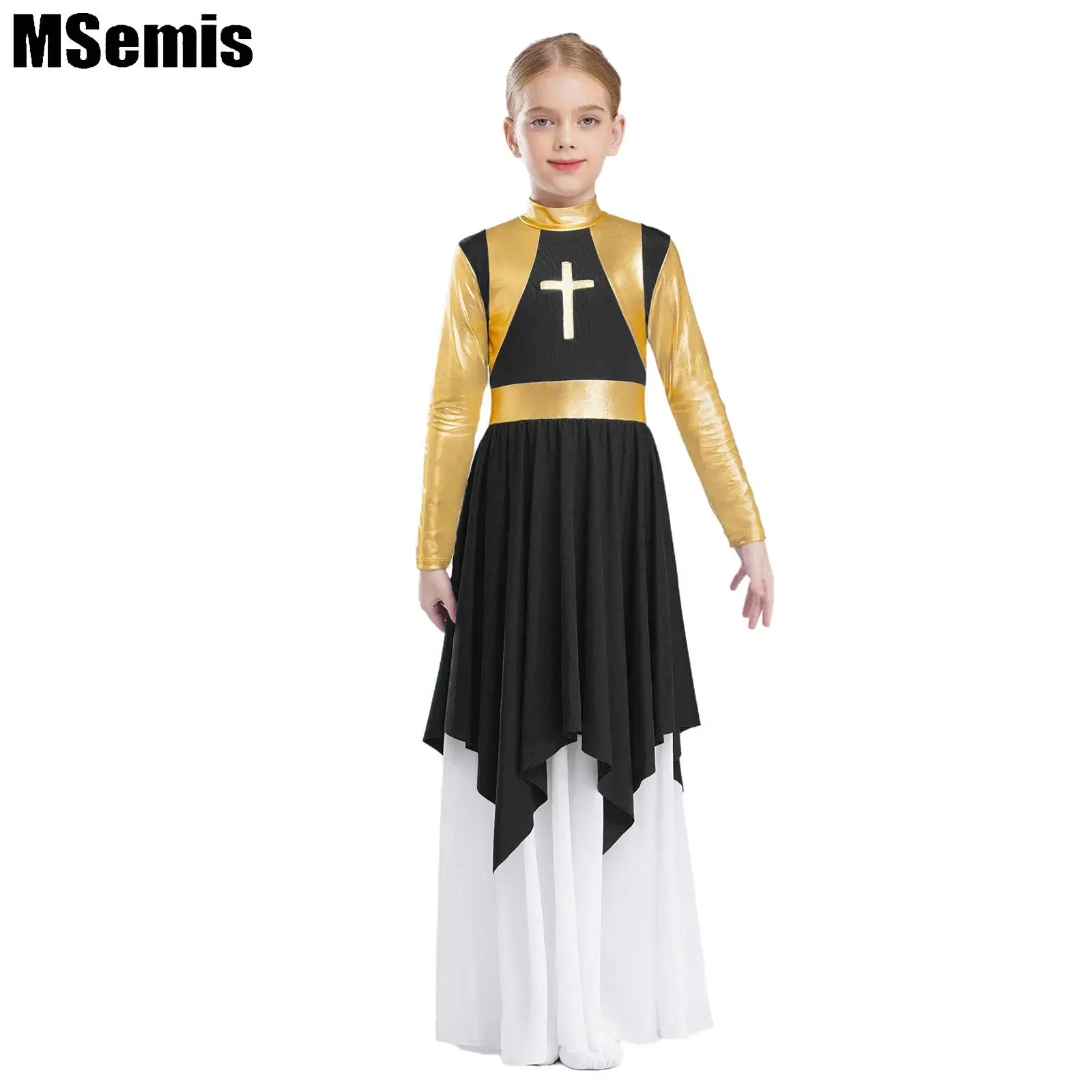 

Kids Girls Praise Maxi Dress Liturgical Worship Dresses Metallic Color Block Patchwork Dance Dress Church Choir Dancewear