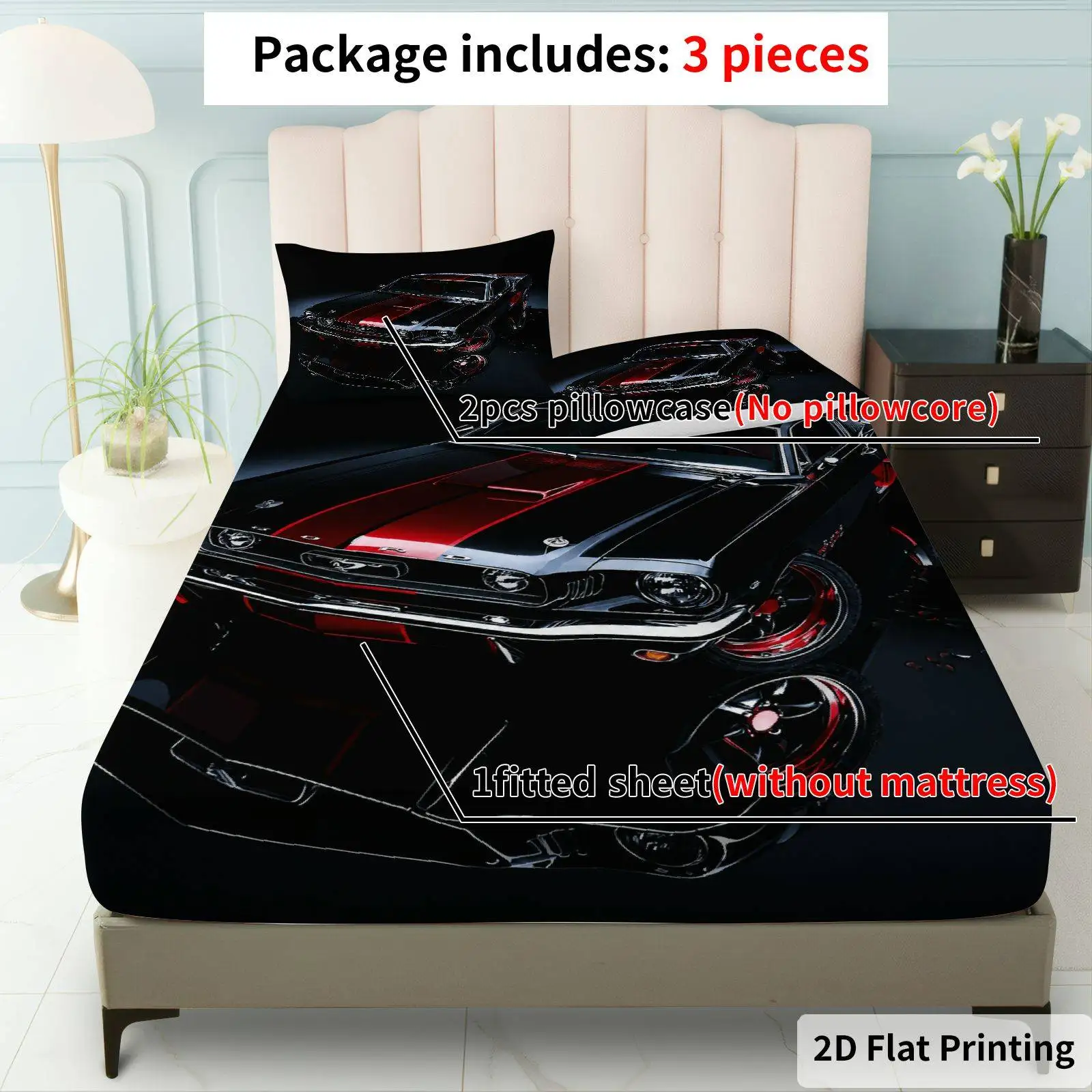 Christmas 2D Digital Print Three-Piece Bedding Set (includes 1 fitted sheet + 2 pillowcases) Mattress Protector, Fitted Sheet Style, Elastic Band, Protective Cover, Mattress Protector, Christmas Theme Bedding, Fitted Sheet Set for Muscle Cars