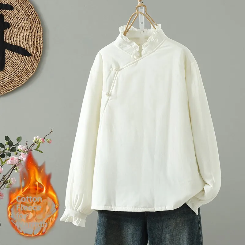 سترة قطنية رفيعة مع أزرار مرقعة من الدانتيل مُزينة بنقشة الزهور، ملابس قطنية صغيرة ذات ياقة مائلة للسيدات، خفيفة الوزن #3