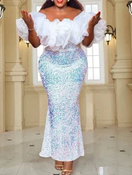 White Sequin Dresses Off Shoulder Ruffles Sparkly Velvet Dress Classy Spring Summer Party Evening Celebrity Event Outfits 3XL