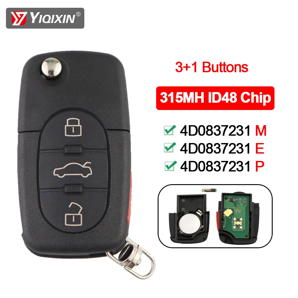 

4-кнопочный дистанционный ключ от автомобиля для Audi A2 A4 A6 A3 A8 B5 B6 RS4 TT Allroad Quattro 1994-2004 Старая модель 315 МГц ID48 Чип 4D0837231M/E/P