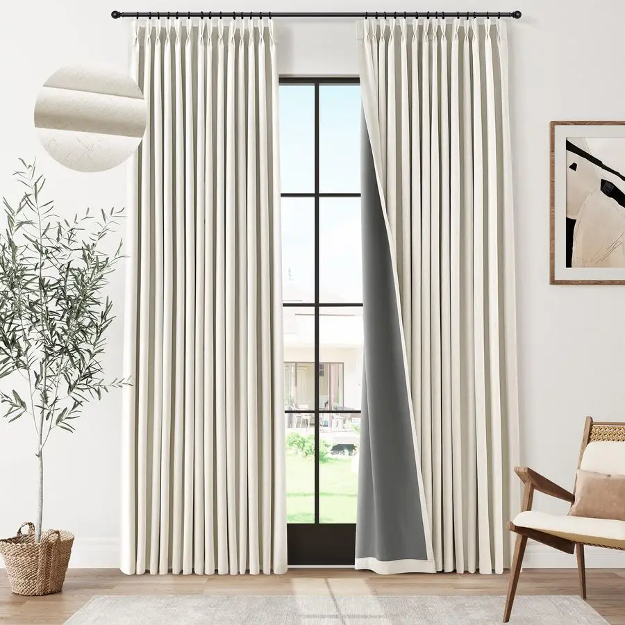 

Pleated 100 Blackout Linen Curtains 96 Inches Long for Bedroom Living Room Memory Trained Pinch Pleat Linen Curtains Rustic Farm