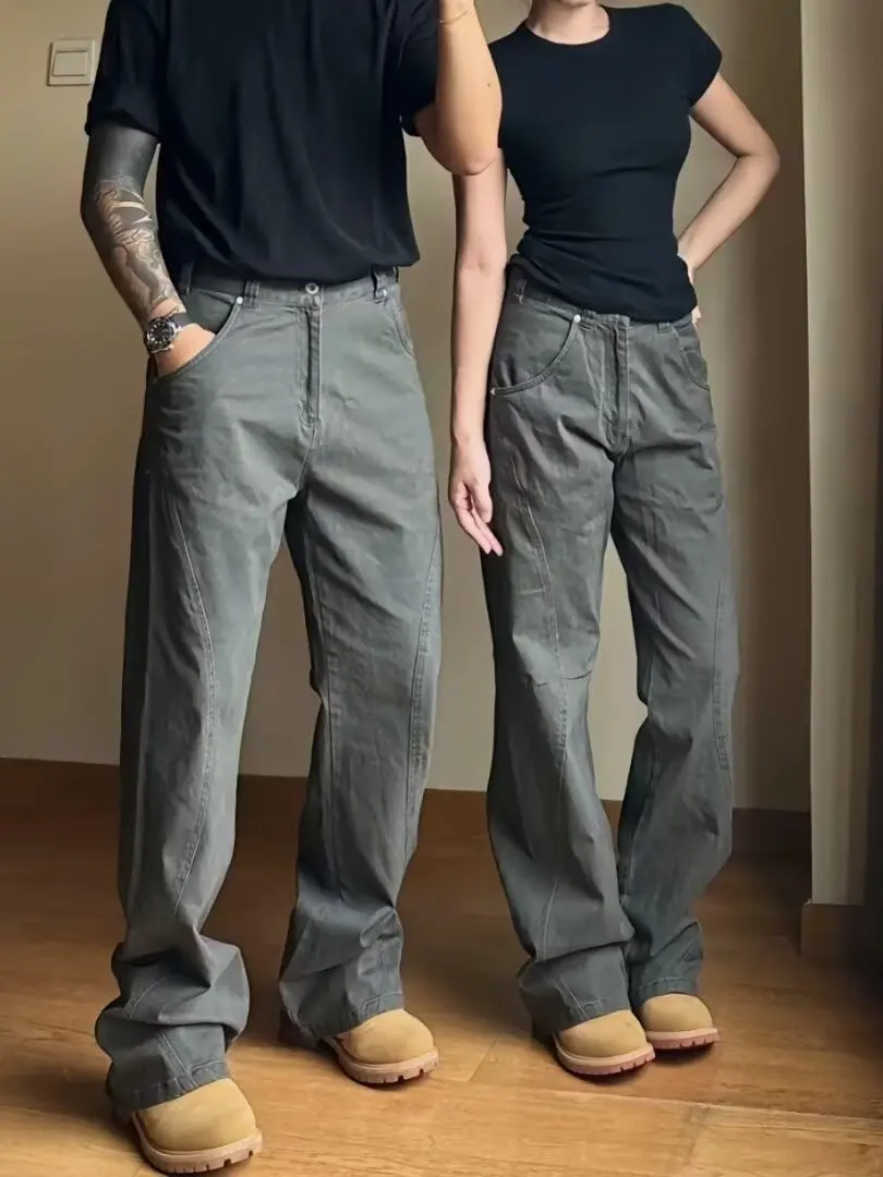 

Мужские джинсы Deep Grey в американском ретро-стиле, прямого кроя, повседневные, зауженные, для работы, модные, уличные, длинные брюки