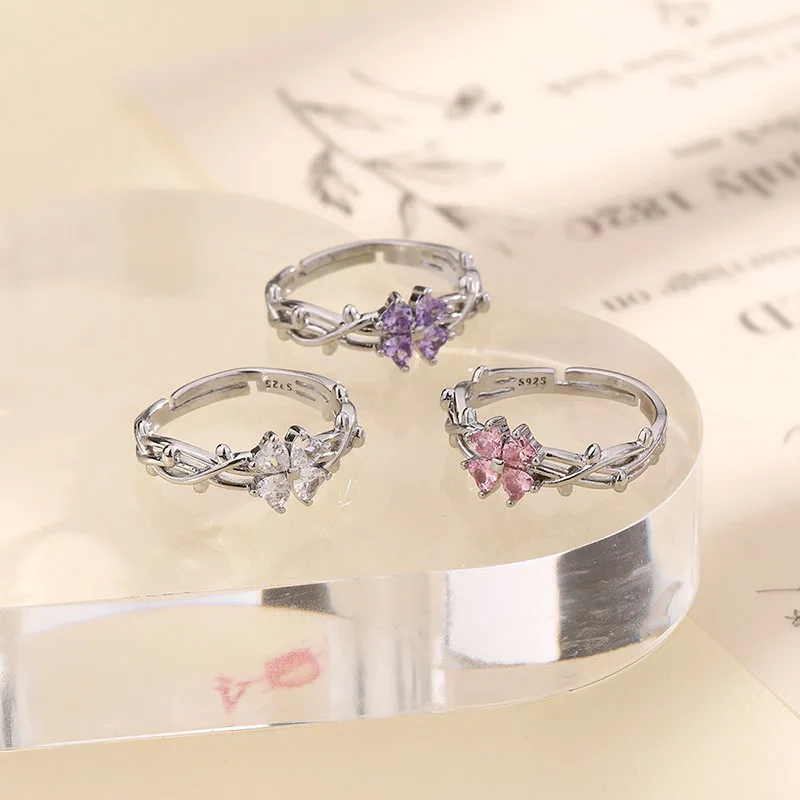 925 Silver Lucky Flower Love Index Finger Ring Female Proposal Jewelry Fashion Shining Zircon Four Leaf Clover Rings KOFSAC