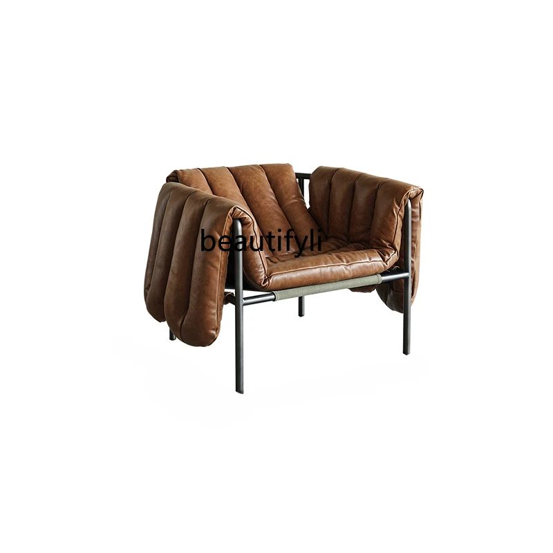 

Holiday Style French Retro Leisure Chair Top Layer Leather Couch Nordic Mid-Ancient Designer Living Room Chair furniture